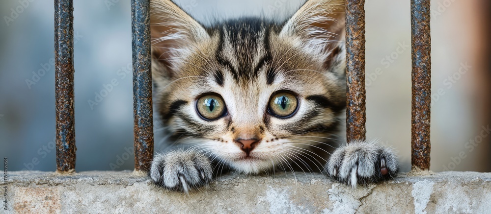Poster curious kitten exploring behind rusty bars showcasing innocence and charm in a captivating close-up 