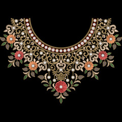 Indian traditional artwork embroidery Neckline design illustrated Multi ethnic flowers and leafs leaves with trendy embroidered ornaments and motifs Bunches. © Ali
