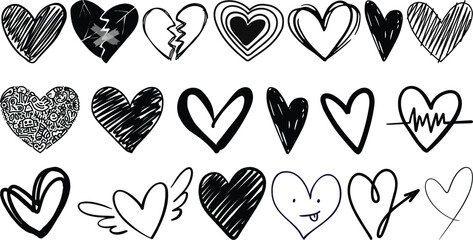 Heart doodles and Hand drawn hearts set collection