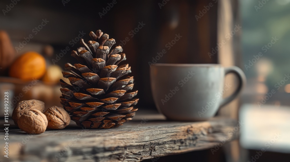 Poster pine cone and walnuts on a rustic wooden shelf with a blurred tea cup in the foreground creating a c