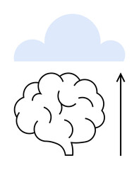 Brain beneath a blue cloud with upward arrow suggesting growth and learning. Ideal for creativity, innovation, knowledge, technology, cloud computing, progress, education. Line metaphor