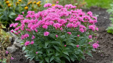 Obraz premium Vibrant pink aster flowers blooming densely in a colorful garden flowerbed during the spring season