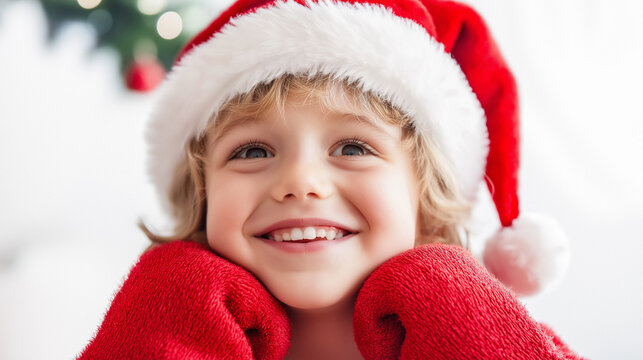 child in santa hat celebrating christmas.