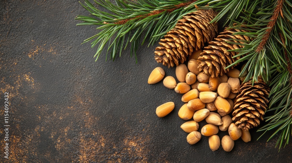 Aufkleber pine nuts and cedar pine cones arranged with fresh green pine branches on a rustic dark background