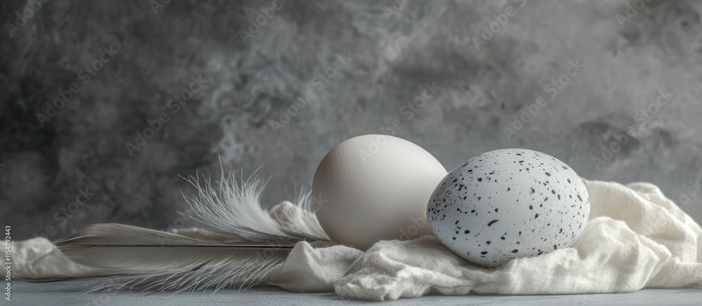 Aufkleber quail eggs resting on a soft napkin with bird feathers against a textured gray background for a tran