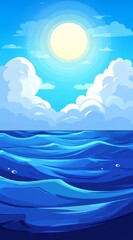 Vibrant Ocean Waves Under a Bright Sun With Fluffy Clouds, Illustrating a Serene Coastal Atmosphere on a Sunny Day