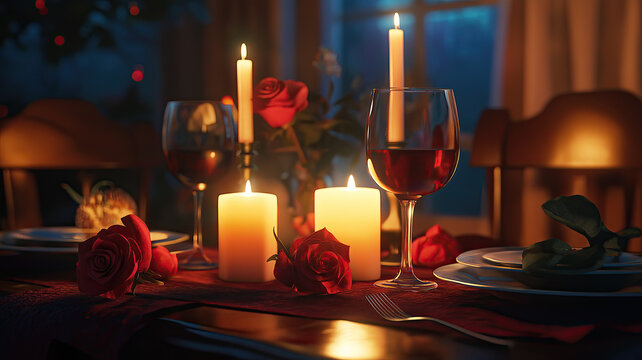 GeneRomantic candlelight dinner for two with an elegant table setting, featuring red roses, wine glasses, and cozy warm lighting, perfect for Valentine's Day, anniversaries, and romantic cerated image