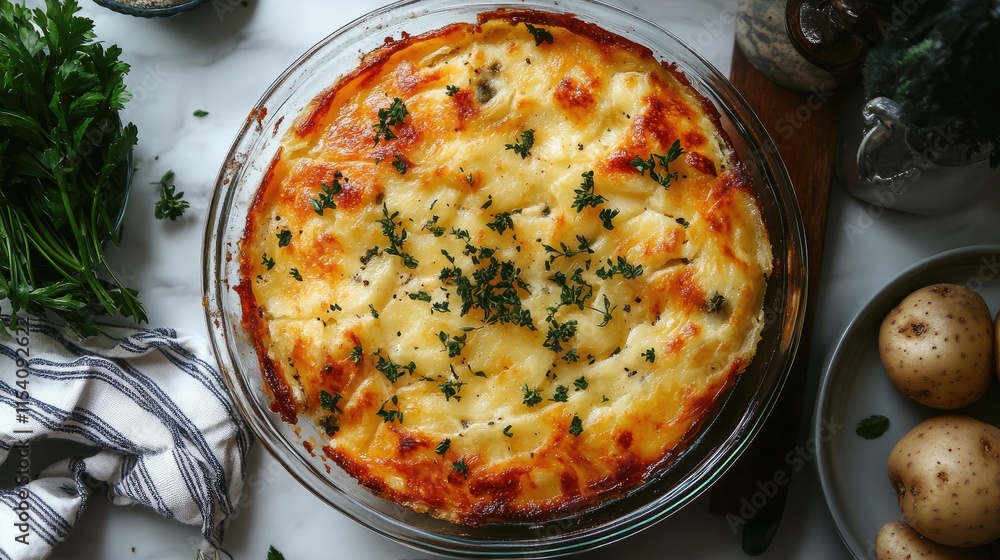 Poster ossetian cheese and potato pie freshly baked with herbs on a rustic table setting