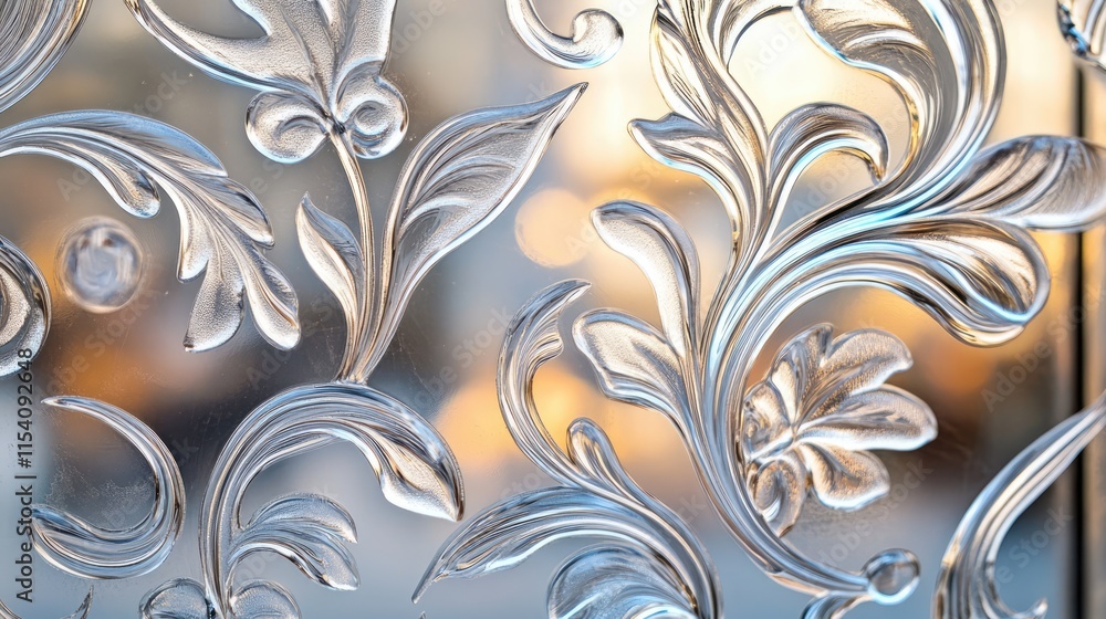 Aufkleber Intricate frosted glass design with delicate floral patterns and soft bokeh background creating a serene winter ambiance.