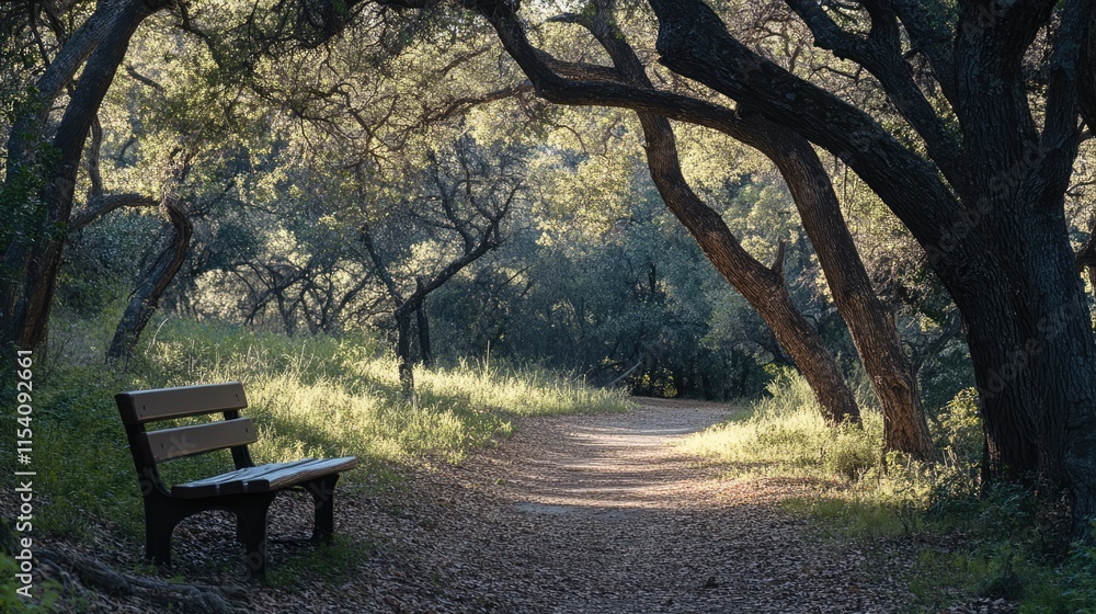 Poster serene park bench nestled along a forest trail surrounded by lush greenery and majestic trees in sof
