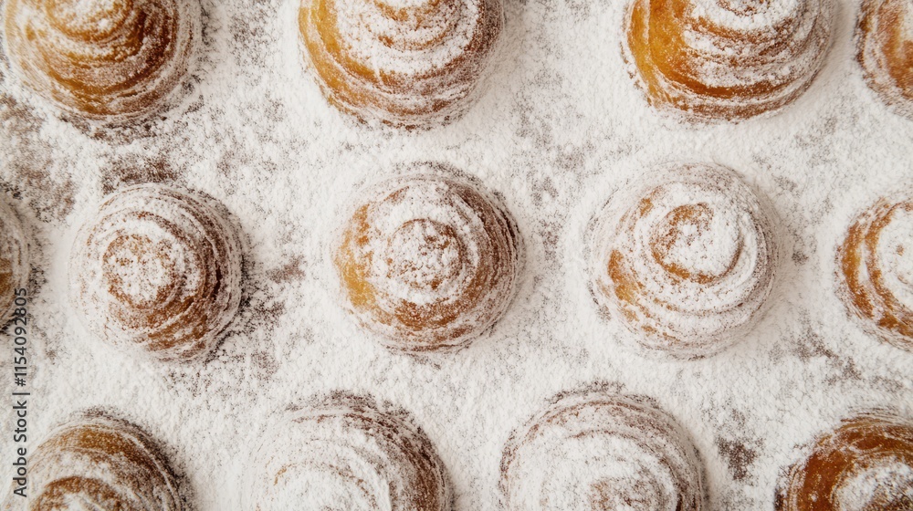 Poster round pastries dusted with powdered sugar arranged in a decorative pattern on a textured surface