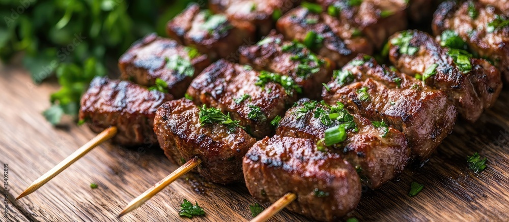 Poster grilled meat skewers garnished with fresh herbs on a rustic wooden surface showcasing delicious food