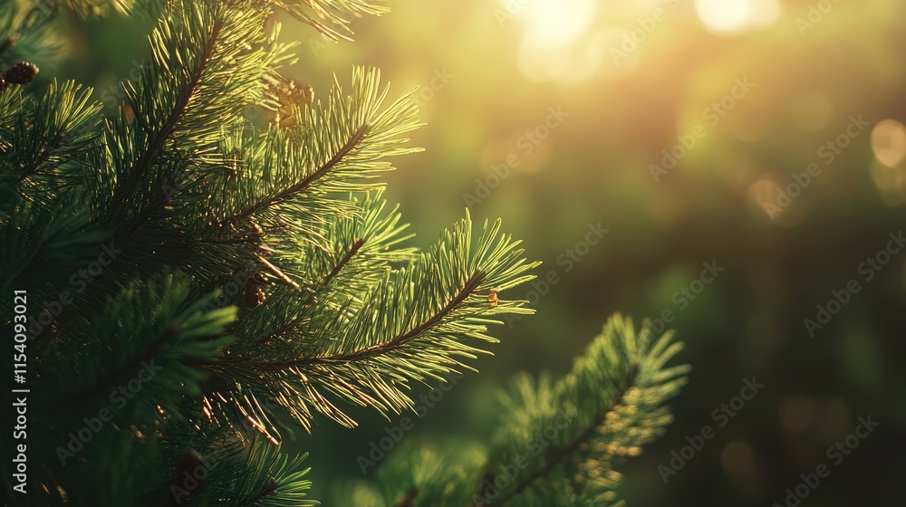 Poster close-up view of pine needles on tree branches illuminated by soft sunlight in a serene forest setti
