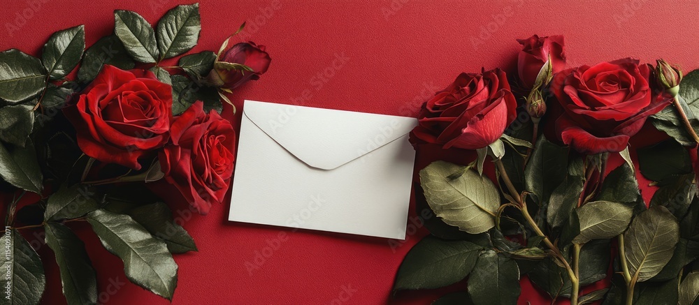Poster postcard mockup with red roses and an envelope creating a romantic template for personalized message