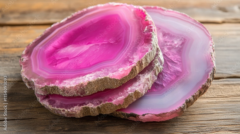 Poster pink agate crystal coasters displayed on rustic wooden table surface with natural textures and vibra