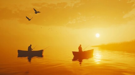 Gentle Dawn Fishing: Two Anglers in Calm Waters at Sunrise with Birds Flying by