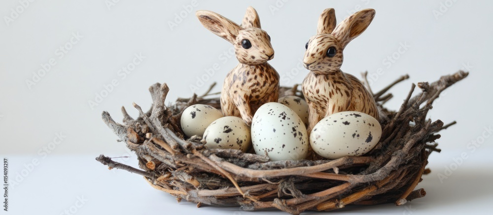 Poster quail eggs in a rustic nest with decorative wooden hares creating a charming spring or easter themed