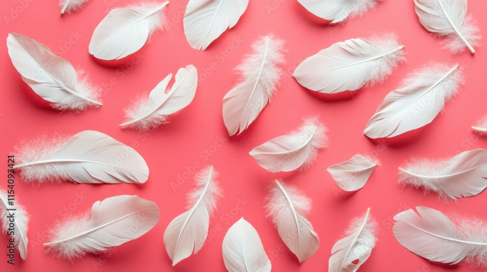 Poster soft white feathers on a vibrant pink background creating a serene and artistic composition with amp