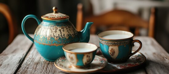 Vintage kitchen utensils collection including decorative kettle, sugar bowl, and milk cup ideal for home decor and collectibles enthusiasts