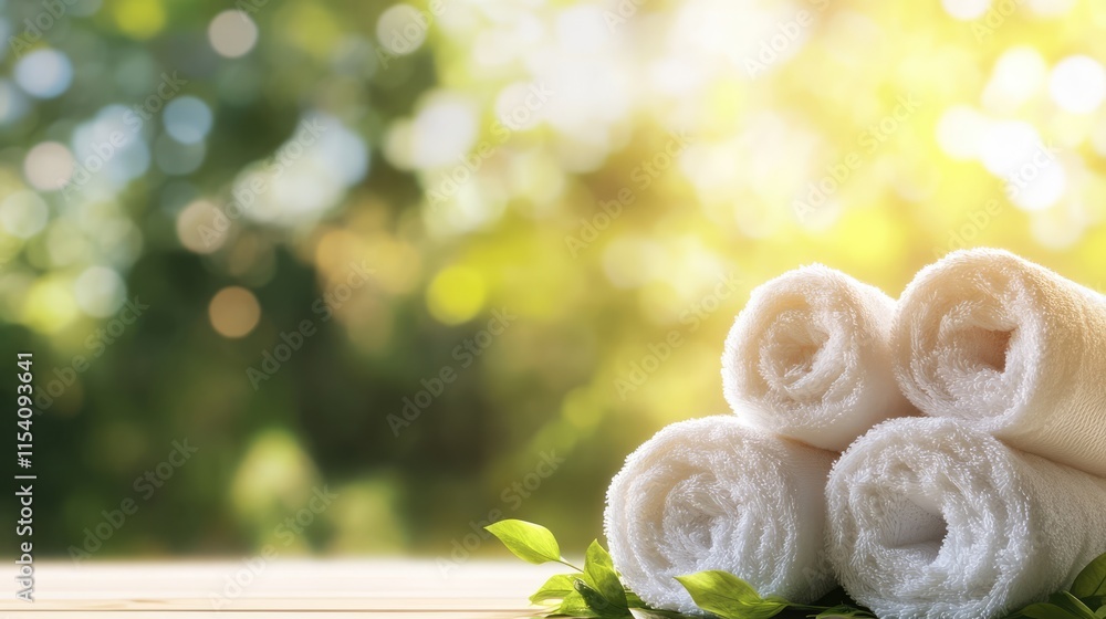 Poster Relaxing spa setting with rolled towels and greenery under soft sunlight in a tranquil outdoor environment.