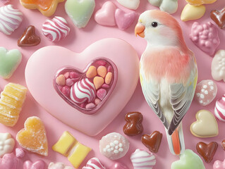 A pastel-themed arrangement of candies and a bird, evoking sweetness and playfulness.