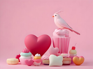 A whimsical arrangement of pink-themed desserts and a bird, evoking a playful, sweet atmosphere.
