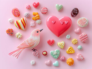 A whimsical arrangement of colorful candies and a bird on a pink background.