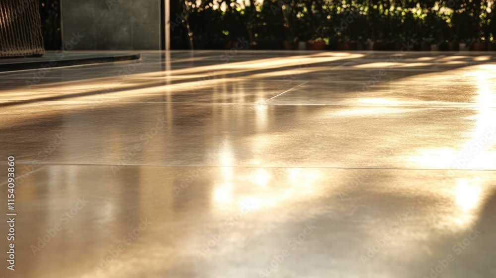 Poster Polished concrete floor in outdoor setting with sunlight reflections and lush greenery in the background creating a serene atmosphere.