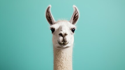 Obraz premium Charming White Llama with Upright Ears Against a Turquoise Background