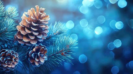 Fototapeta premium Pine cones nestled among evergreen branches with a dreamy bokeh background in shades of blue creating a serene nature scene.