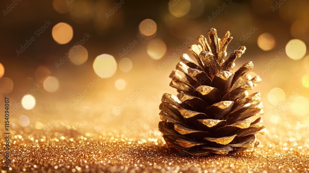 Poster Pine cone on a sparkling golden background with soft bokeh effects creating a warm and festive atmosphere