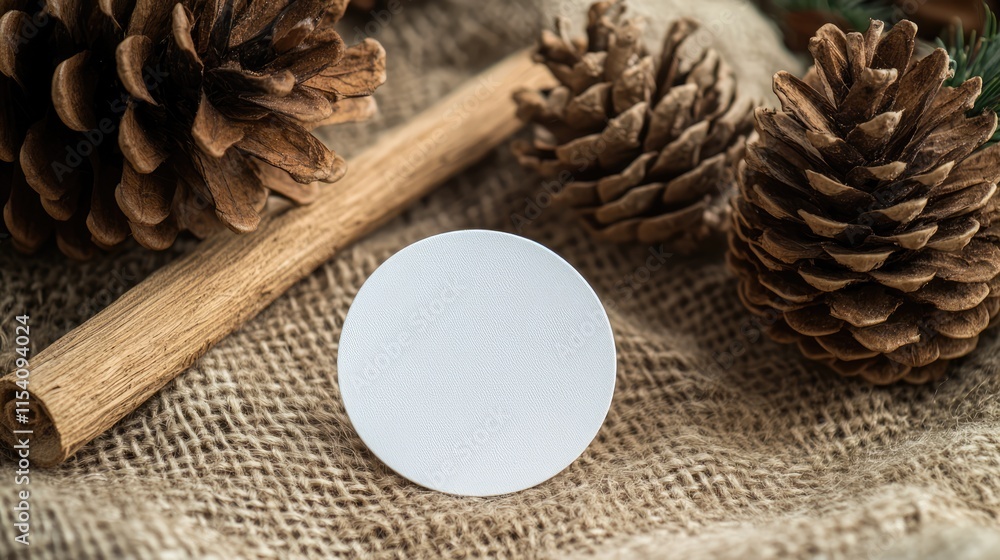 Poster pine cone burlap vanilla stick and blank circle mockup for postcard design with natural elements and