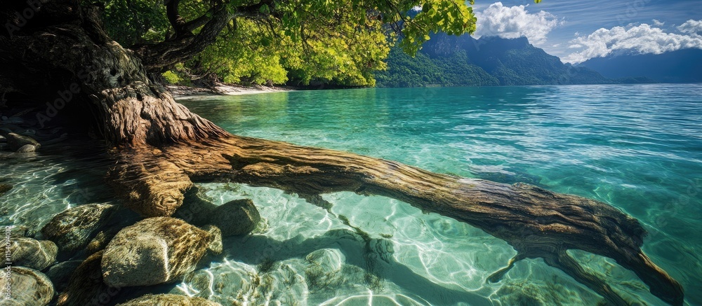 Poster Serene tree trunk partially submerged in crystal clear water with vibrant greenery and tranquil landscape in the background