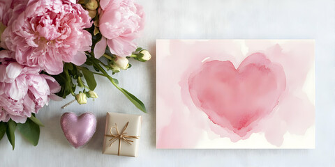 A romantic arrangement featuring pink peonies, a heart card, and a gift box.