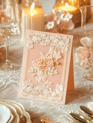 A beautifully designed greeting card with floral embellishments on a decorated table setting.