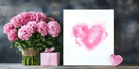 A bouquet of pink flowers beside a heart-themed artwork and gift box.