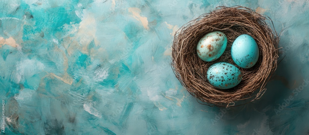 Poster colorful painted eggs in a nest on a textured backdrop with space for text ideal for easter or seaso