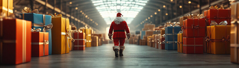 Santa walking through an expansive warehouse filled with colorful wrapped presents