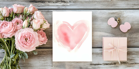 A romantic arrangement featuring pink flowers, a heart illustration, and a gift box.