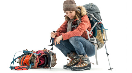 A female hiker crouching down to tie her boot laces, with a hiking backpack resting beside her and trekking poles leaning nearby.
