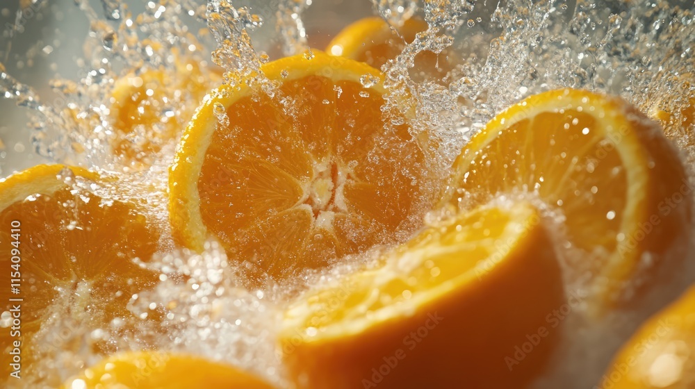 Aufkleber freshly squeezed oranges with splashing water in a vibrant overhead view showcasing citrus freshness