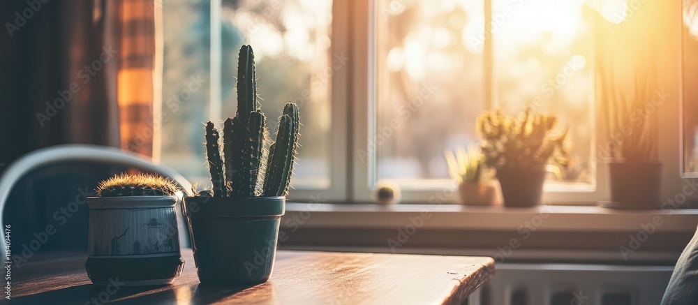 Aufkleber potted cactus enhancing dining room decor with natural light streaming through window creating a ser