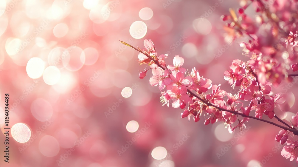 Poster soft pink bokeh background with delicate blooming flowers creating a dreamy and serene atmosphere fo
