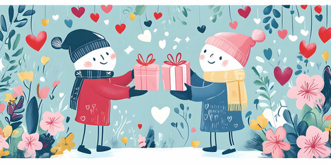 Two cheerful characters exchanging gifts amidst a colorful floral background.