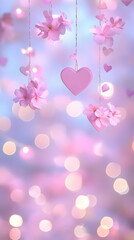 A dreamy background with pink hearts and flowers, creating a romantic atmosphere.