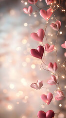 A dreamy scene with pink hearts and soft lights creating a romantic atmosphere.