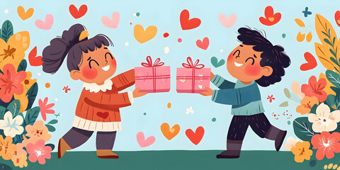 Two children exchanging gifts surrounded by flowers and hearts, celebrating joy and friendship.