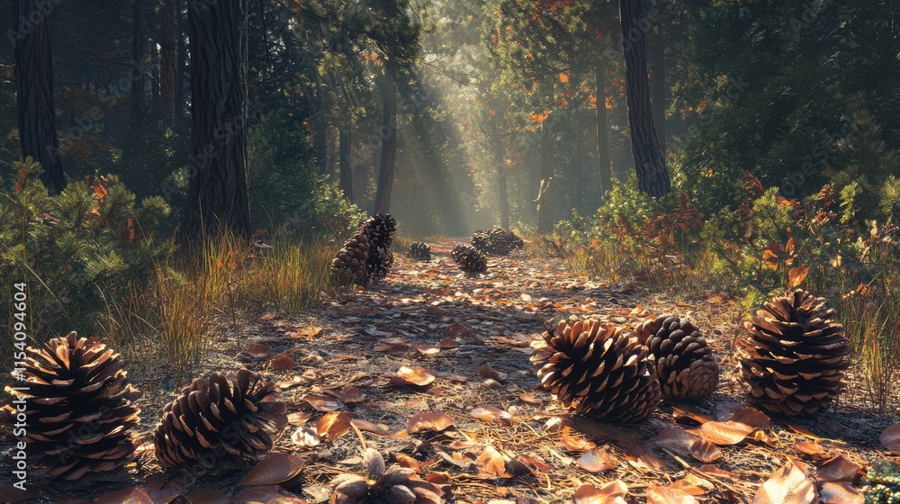 Poster pine cones scattered on a sunlit forest path surrounded by autumn foliage and soft sunlight filterin
