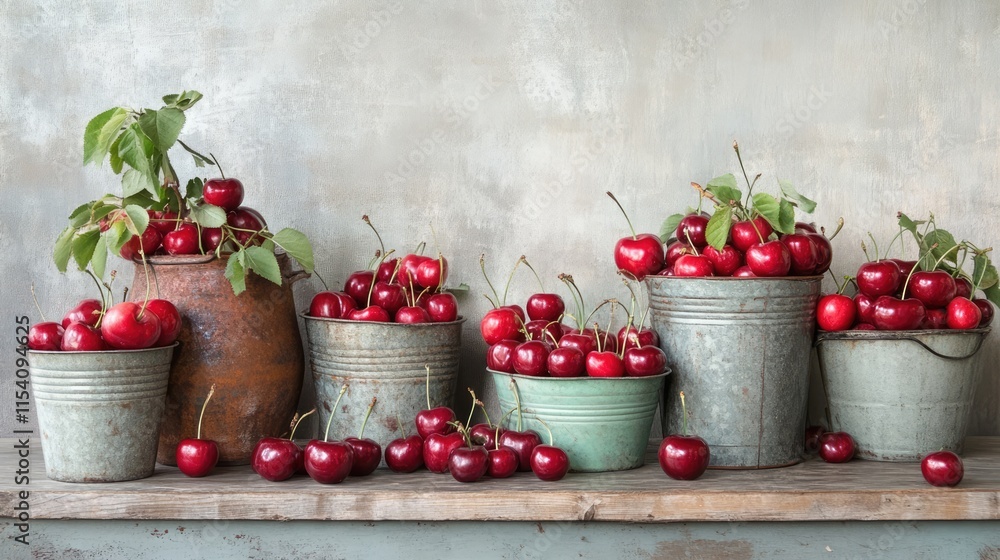 Poster Rustic display of fresh cherries in vintage containers on a wooden table with a textured background showcasing summer's bounty.