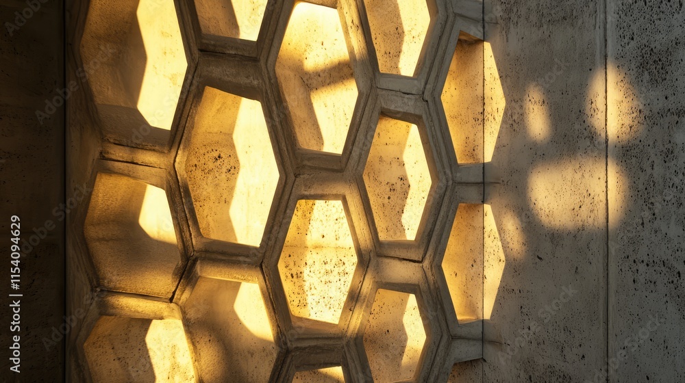 Aufkleber Honeycomb structure wall illuminated by sunlight casting unique shadows and creating a striking architectural visual effect